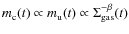 $m_{\rm c}(t) \propto m_{\rm u}(t) \propto \Sigma_{\rm gas}^{-\beta}(t)$