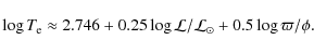 \begin{displaymath}%
\log{T_{\rm e}} \approx 2.746 + 0.25 \log{\mathcal{L} / \mathcal{L_{\odot}}}
+ 0.5 \log{\varpi/\phi}.
\end{displaymath}