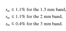 \begin{eqnarray*}&& s_m \la 1.1\% \;{\rm for~the~1.3~mm~band,} \\
&& s_m \la 1....
...~the~2~mm~band,} \\
&& s_m \la 0.4\% \;{\rm for~the~3~mm~band.}
\end{eqnarray*}