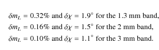 \begin{eqnarray*}&& \delta m_L = 0.32\% \;{\rm and}~\delta\chi = 1.9^{\circ}\;{\...
...% \;{\rm and}~\delta\chi = 1.1^{\circ}\;{\rm for~the~3~mm~band}.
\end{eqnarray*}