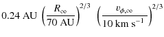 $\displaystyle 0.24~\textrm{AU}~
\left( \frac{R_\infty}{70~\textrm{AU}} \right)^{2/3}~
\left( \frac{v_{\phi,\infty}}{10~\textrm{km s$^{-1}$ }} \right)^{2/3}$