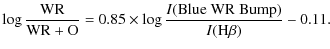 $\displaystyle \log \frac{\rm WR}{\rm WR+O} = 0.85 \times \log\frac{I({\rm Blue~ WR~ Bump})}{I({\rm H\beta})}-0.11.$