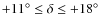 $+11^{\circ}\le\delta\le+18^{\circ}$