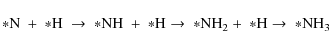 \begin{displaymath}{\rm *N}\ +\ {\rm *H}\ \rightarrow\ {\rm *NH}\ +\ {\rm *H}
\rightarrow\ {\rm *NH_2} +\ {\rm *H} \rightarrow\ {\rm *NH_3}
\end{displaymath}