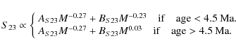 \begin{displaymath}S_{23} \propto \left\{
\begin{array}{l l}
A_{S23}M^{-0.27}+B_...
...m if} \quad {\rm age}>4.5\: {\rm Ma}. \\
\end{array} \right .
\end{displaymath}