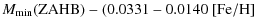 $\displaystyle M_{\rm min}({\rm ZAHB})-(0.0331-0.0140~{\rm [Fe/H]}$