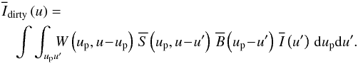 \begin{eqnarray} &&\hspace*{-3.4mm}\Iwfft{}\left(\uf\right) =\nonumber\\ &&\dint{\up}{\uff}{\Wu{}\left(\up,\uf\!-\!\up\right)\,\Sft{}\left(\up,\uf\!-\!\uff\right)\,\Bft{}\left(\up\!-\!\uff\right)\,\Ift{}\left(\uff\right)}. \label{eq:samp:dirty:1} \end{eqnarray}