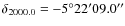 $\delta_{2000.0} = -5^{\circ} 22' 09.0''$