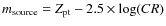 $m_{\rm {source}}=Z_{\rm pt}-2.5\times \log(CR)$