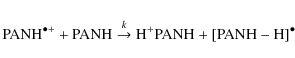 \begin{eqnarray*}{\rm PANH}^{\bullet +} + {\rm PANH} \stackrel{k}{\rightarrow} {\rm H}^{+}{\rm PANH}+ {\rm [PANH-H]}^{\bullet}
\end{eqnarray*}