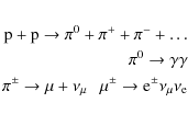 \begin{eqnarray*}{\rm p}+{\rm p} \to \pi^0 + \pi^+ + \pi^- + {\ldots}\\
\pi^0 \...
...\to \mu + \nu_\mu ~~~ \mu^\pm\to {\rm e}^\pm \nu_\mu \nu_{\rm e}
\end{eqnarray*}