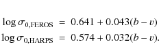 \begin{eqnarray*}\log\sigma_{0,{\rm FEROS}} &=& 0.641+0.043 ({b-v})\\