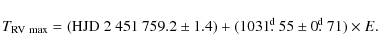 \begin{displaymath}T_{\rm RV~max} = ({\rm HJD}~2~451~759.2 \pm 1.4) + (1031\hbox{$.\!\!^{\rm d}$ }55 \pm 0\hbox{$.\!\!^{\rm d}$ }71) \times E.
\end{displaymath}