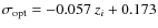 $\sigma_{\rm opt} = -0.057~ z_i + 0.173$
