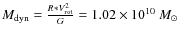 $M_{\rm dyn}=\frac{R*V_{\rm rot}^2}{G}=1.02\times10^{10}~M_{\odot}$