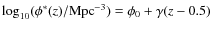 $\log_{10}(\phi^{*}(z)/{\rm Mpc}^{-3}) = \phi_0 + \gamma(z - 0.5)$