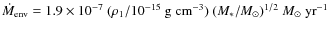 $\dot{M}_{\rm env}=1.9\times10^{-7}~(\rho_1/10^{-15}~{\rm g~cm}^{-3})~(M_*/M_{\odot})^{1/2}~M_{\odot}~{\rm yr}^{-1}$