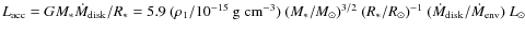 $L_{\rm acc}=GM_*\dot{M}_{\rm disk}/R_*=5.9~(\rho_1/10^{-15}~{\rm g~cm}^{-3})~(M...
...t})^{3/2}~(R_*/R_{\odot})^{-1}~(\dot{M}_{\rm disk}/\dot{M}_{\rm env})~L_{\odot}$