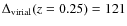 $\Delta_{\rm
virial}(z=0.25) =121$