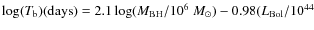 $\log(T_{\rm b})({\rm days})=2.1\log({M_{\rm BH}/10^6~M_{\odot}})-0.98({ L_{\rm Bol}}/10^{44}$