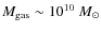 $M_{\rm gas} \sim 10^{10}~M_\odot$