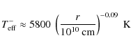 \begin{displaymath}T_{\rm eff}^{-} \approx 5800~\left(\frac{r}{10^{10}~\rm cm}\right)^{-0.09}~\rm K
\end{displaymath}