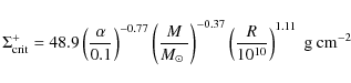 \begin{displaymath}\Sigma^+_{\rm crit}= 48.9 \left(\frac{\alpha}{0.1}\right)^{-0...
...t)^{-0.37}
\left(\frac{R}{10^{10}}\right)^{1.11}~\rm g~cm^{-2}
\end{displaymath}
