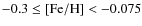 $-0.3\leq \ensuremath {\left [{\rm Fe}/{\rm H}\right ]} <-0.075$