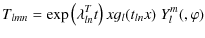 $\displaystyle T_{lmn} = \exp\left(\lambda_{ln}^Tt\right)xg_l(t_{ln}x)~Y_l^m(\th,\varphi)$
