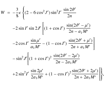 \begin{eqnarray*}W &=& -\frac{3}{8} \epsilon~\Bigg\{(2-6\cos^2\!J')\sin^2\!I'~\f...
...s{I}')^2\frac{\sin(2\vartheta'+2\mu')}{2n+2a_1M'}
\Bigg]\Bigg\},
\end{eqnarray*}