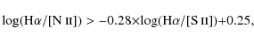 \begin{displaymath}%
{\rm log}({\rm {H\alpha}}/[${N~\textsc{ii}}$ ]) > -0.28 \times {\rm log({H\alpha}}/[${S~\textsc{ii}}$ ])+0.25,
\end{displaymath}