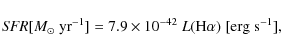 \begin{displaymath}%
{\it SFR}[{{M}_{\odot}}\;{\rm yr}^{-1}]=7.9 \times 10^{-42}~{L ({\rm H\alpha}})\; [{\rm erg}\;{\rm s}^{-1}],
\end{displaymath}