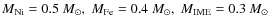 $M_{\rm Ni} = 0.5~M_\odot,\;M_{\rm Fe} = 0.4~M_\odot,\;M_{\rm IME} = 0.3~M_\odot$