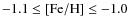 $-1.1 \leq [{\rm Fe/H}] \leq -1.0$