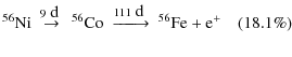 $\displaystyle ^{56}{\rm Ni} ~ \buildrel{9~\textrm{d} ~}\over{\to} ~ ^{56}\textr...
...!\!\!-\!\!\!-\!\!\!-\!\!\!\to} ~ ^{56}\textrm{Fe} + \textrm{e}^+ \quad (18.1\%)$