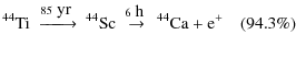 $\displaystyle ^{44}\textrm{Ti} ~ \buildrel{85~\textrm{yr} ~}\over{-\!\!\!-\!\!\...
...drel{6~\textrm{h} ~}\over{\to} ~ ^{44}\textrm{Ca} + \textrm{e}^+ \quad (94.3\%)$
