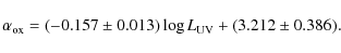 \begin{displaymath}\alpha_{\rm ox} =(-0.157\pm0.013)\log L_{\rm UV}+(3.212\pm0.386) .
\end{displaymath}