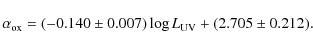 \begin{displaymath}\alpha_{\rm ox} =(-0.140 \pm 0.007) \log L_{\rm UV} + (2.705 \pm 0.212) .
\end{displaymath}