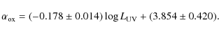 \begin{displaymath}\alpha_{\rm ox} =(-0.178\pm0.014)\log L_{\rm UV}+(3.854\pm0.420) .
\end{displaymath}