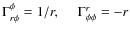 $\Gamma^{\phi}_{r \phi}=1/r, ~~~~~ \Gamma^r_{\phi \phi}=-r$