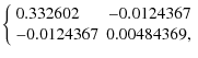 $\displaystyle \left\{
\begin{array}{lr}
0.332602 & -0.0124367 \\
-0.0124367 & 0.00484369,
\end{array} \right.$