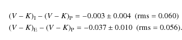 \begin{eqnarray*}&& (V-K)_{\rm I} - (V-K)_{\rm P} = -0.003 \pm 0.004 ~~({\rm rms...