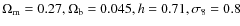 $\Omega_{\rm m}= 0.27, \Omega_{\rm b } = 0.045, h = 0.71,
\sigma_8 = 0.8$