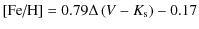 $\displaystyle \mbox{[Fe/H]} = 0.79 \Delta\left(V-K_{\rm s}\right) - 0.17$