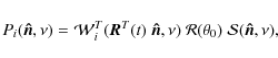 \begin{displaymath}P_i(\vec{\hat{n}},\nu)
= {\cal W}^T_{i}(\vec{R}^T(t)~\vec{\hat{n}},\nu) ~ {\cal R}(\theta_0) ~
{\cal S}(\vec{\hat{n}},\nu),
\end{displaymath}