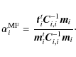 \begin{displaymath}\alpha_i^{\rm MF} = \frac{{\vec{t}}^t_i \vec{C}^{-1}_{i,i} {\vec{m}}_i}{{\vec{m}}^t_i \vec{C}^{-1}_{i,i} {\vec{m}}_i}\cdot
\end{displaymath}