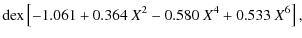 $\displaystyle {\rm dex} \left [-1.061 +
0.364~X^2
- 0.580~X^4
+ 0.533~X^6
\right] ,$