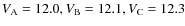 $V_{\rm A}=12.0, V_{\rm B}=12.1, V_{\rm C}=12.3$