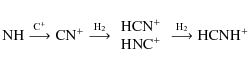 \begin{displaymath}{\rm NH} \stackrel{{\rm C}^{+} }{\longrightarrow}
{\rm CN}^{...
...y}\right.
\stackrel{{\rm H}_2}{\longrightarrow}
{\rm HCNH}^{+}
\end{displaymath}