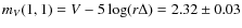 $m_V(1,1) = V - 5 \log (r \Delta) =
2.32\pm0.03$